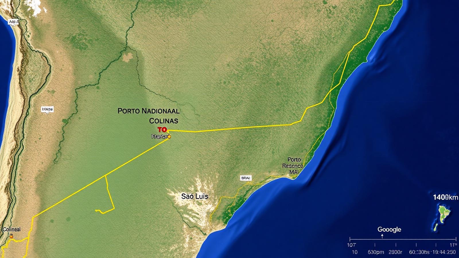 Mapa do corredor ferroviário Norte–Sul ligando Porto Nacional a São Luís