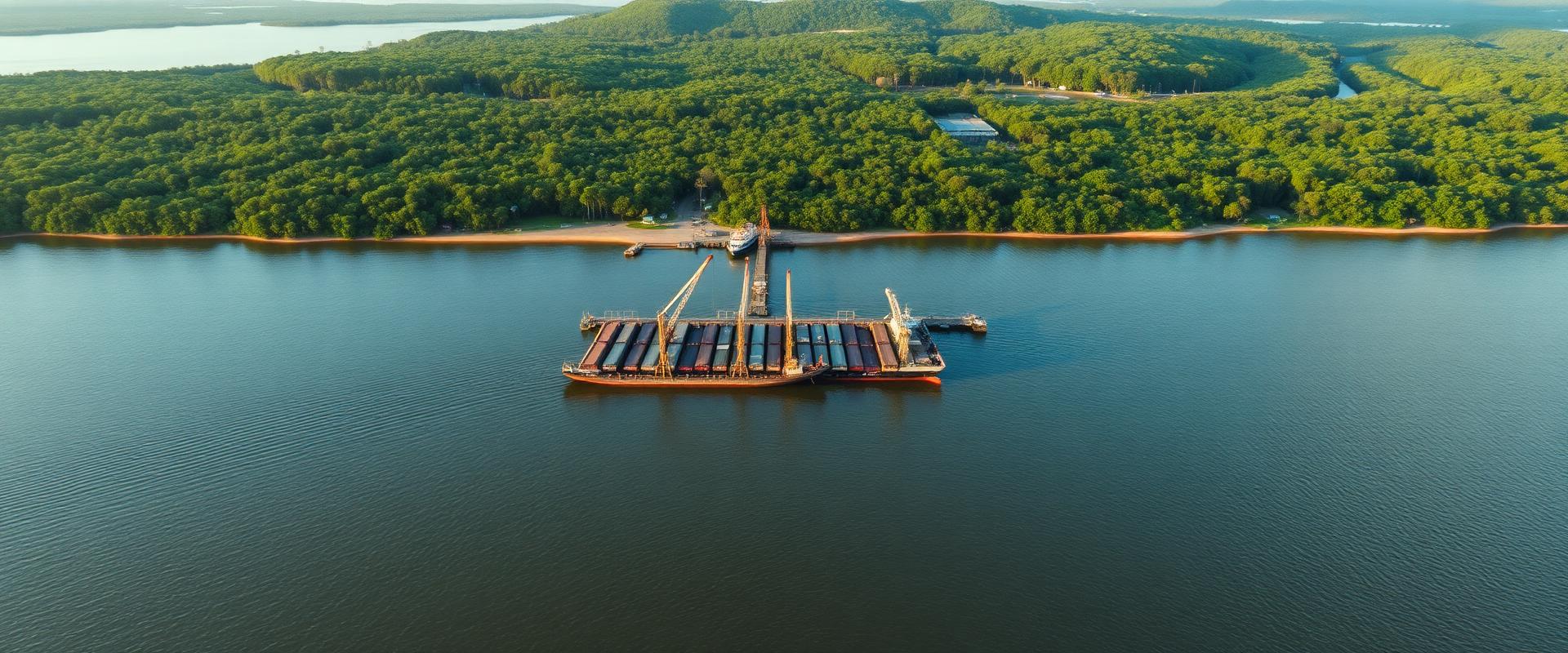 Vista aérea de terminal portuário amazônico com comboio de barcaças