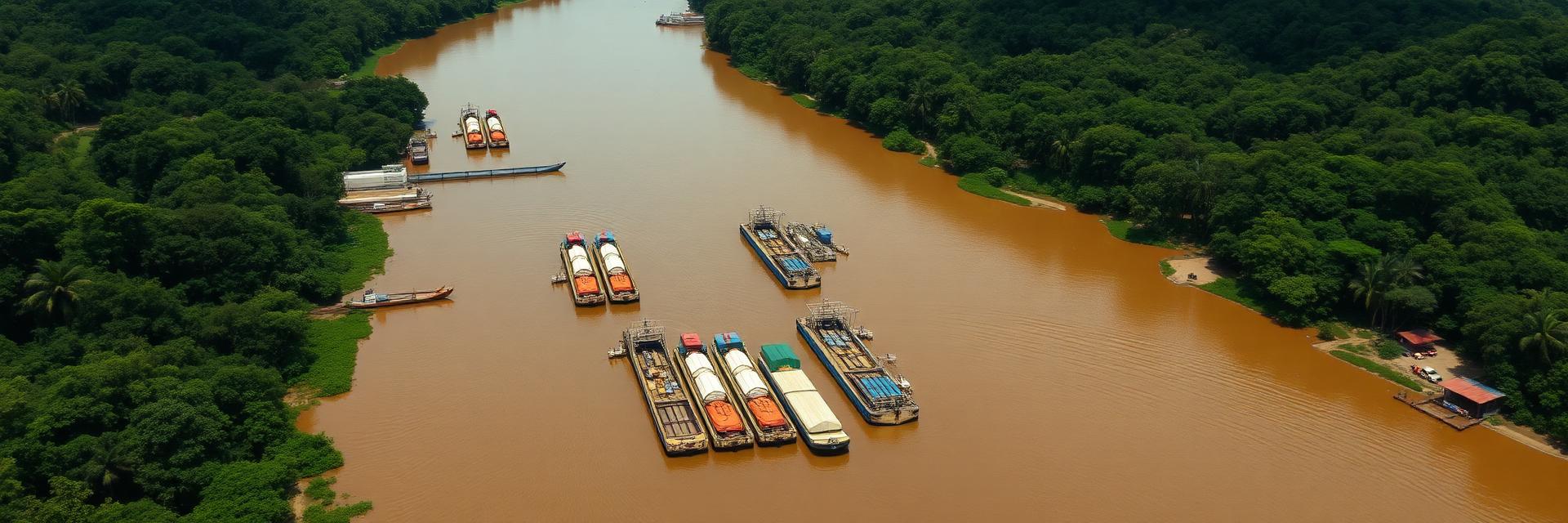 Vista aérea de barcaças em terminal portuário na Amazônia