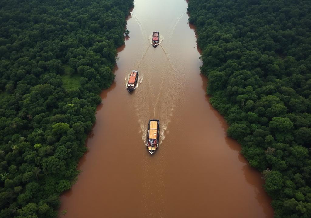 Comboios de barcaças navegando em estreitos amazônicos